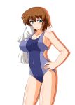  1girl blue_eyes brown_hair lyrical_nanoha material-s older one-piece_swimsuit short_hair simple_background solo swimsuit zerosu_(take_out) 
