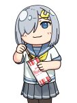  1girl black_legwear blue_eyes brand_name_imitation commentary_request cowboy_shot food grey_sailor_collar grey_skirt hair_ornament hair_over_one_eye hairclip hama!_(3toshinhmkz) hamakaze_(kancolle) kantai_collection looking_at_viewer neckerchief no_nose packet pantyhose pleated_skirt pocky sailor_collar school_uniform serafuku short_hair silver_hair simple_background skirt smile solo white_background yellow_neckwear 