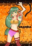  1girl breasts cleavage feena_(grandia) grandia grandia_i green_hair hair_ornament hair_tubes jewelry long_hair low-tied_long_hair skirt solo thigh-highs whip 