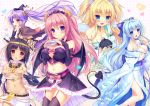  5girls ahoge bandages black_gloves black_hair blonde_hair blue_eyes blue_hair blush book bow braid breasts bridal_gauntlets brown_eyes cape choker cleavage corset covering covering_breasts dark_skin demon_girl demon_tail demon_wings detached_collar egyptian elbow_gloves flower garter_straps gloves hair_between_eyes hair_bow hair_flower hair_ornament hairclip half_updo heart highres horns japanese_clothes kimono large_breasts long_hair low_ponytail midriff mini_witch_hat multiple_girls navel obi off_shoulder one_side_up panties pink_hair pleated_skirt purple_gloves purple_hair purple_legwear red_eyes rosary sash sayori side-tie_panties side_braid side_ponytail skirt small_breasts smile sweat tabi tail thigh-highs tongue tongue_out top_pull two_side_up underwear very_long_hair violet_eyes white_panties wings 