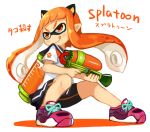  1girl :q animal_ears bike_shorts copyright_name fake_animal_ears gun inkling nintendo orange_eyes orange_hair pointy_ears school_uniform serafuku shoes smile solo splatoon super_soaker tentacle_hair tongue tongue_out twintails weapon zizi_niisan 