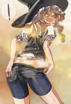  ! 1girl ass bike_shorts bike_shorts_pull blonde_hair blush hat kirisame_marisa looking_back solo spoken_exclamation_mark steam sweat touhou witch_hat yellow_eyes yohane 