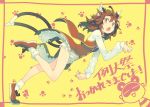  1girl animal_ears bloomers brown_hair cat_ears cat_tail chen chestnut_mouth dress fang green_eyes jewelry long_sleeves looking_at_viewer morino_hon multiple_tails nekomata open_mouth paw_pose paw_print red_dress shirt single_earring solo tail touhou underwear vest 
