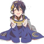  1boy blue_hair blush closed_eyes japanese_clothes male_focus mikazuki_munechika natsuhachi open_mouth sayagata short_hair simple_background sleeves_past_wrists solo touken_ranbu unmoving_pattern white_background younger 