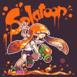  1girl bike_shorts black_background copyright_name inkling lowres moyasiwhite nintendo orange_eyes orange_hair paint pixel_art pointy_ears pose solo splatoon super_soaker tentacle_hair 