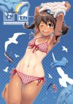  1girl aoi_sora_(pairan) armpits arms_up bare_shoulders barefoot bikini blush brown_eyes brown_hair front-tie_top hair_ornament hair_ribbon hairclip long_hair looking_at_viewer navel one-piece_tan one_eye_closed open_mouth original pairan ribbon side-tie_bikini smile solo swimsuit tan tanline twintails undressing 