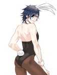 1boy animal_ears ass bare_shoulders black_legwear blue_hair bunny_boy bunny_girl bunny_tail bunnysuit cowboy_shot crossdressinging detached_collar eyepatch from_behind looking_at_viewer looking_back male_focus pantyhose parted_lips rabbit_ears shokudaikiri_mitsutada simple_background solo tail touken_ranbu white_background wrist_cuffs yellow_eyes zuwai_kani