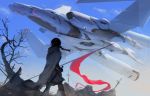  1girl airplane black_hair braid cape flag from_behind gauntlets highres long_hair mad_jojo original science_fiction sky solo sword tree weapon 