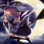  +5cm 1girl adjusting_clothes adjusting_hat blonde_hair blouse bow braid broom broom_riding crescent_moon flying hair_ribbon hat hat_bow juliet_sleeves kirisame_marisa long_hair long_sleeves looking_back moon night night_sky open_mouth puffy_sleeves ribbon shoes skirt skirt_set sky solo star_(sky) starry_sky thigh-highs touhou twin_braids vest witch_hat yellow_eyes zettai_ryouiki 