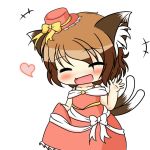  +++ 1girl :d ^_^ alternate_costume animal_ears brown_hair cat_ears cat_tail chen chibi closed_eyes dress hat heart kurumai multiple_tails nekomata open_mouth short_hair simple_background smile solo tail touhou two_tails white_background 