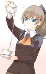  &gt;:o 1girl :o ascot blush brown_hair cup decantering flying_sweatdrops frilled_skirt frills gradient gradient_background grey_skirt hair_ornament high_ponytail kantai_collection kumano_(kantai_collection) pleated_skirt ponytail school_uniform skirt solo sui_(tsuruhibiki) teacup teapot 