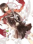  1girl bottle bowtie brown_clothes brown_hair brown_skirt chocolate_(jitong) crayon dutch_angle flower hair_ribbon highres kagerou_project long_hair looking_at_viewer open_mouth red_eyes red_scarf ribbon scarf skirt solo tateyama_ayano 