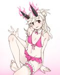  1girl :p aura barefoot bikini character_request detached_collar flat_chest front-tie_bikini front-tie_top garters horn_ribbon horns long_hair navel pas_(paxiti) pink_bikini red_eyes ribbon side_bun sitting soles solo swimsuit toes tongue tongue_out v white_hair 