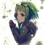  1girl absurdres breath coat goggles goggles_on_head green_eyes green_hair gumi hands_clasped highres parted_lips pine_(yellowpine112) short_hair snowing solo vocaloid winter_clothes winter_coat 