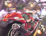  armadillo-tokage bow_(weapon) brown_eyes brown_hair crossbow headband highres kantai_collection motor_vehicle motorcycle taihou_(kantai_collection) vehicle weapon 