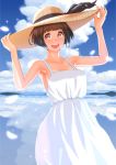  1girl :d armpits bangs bare_shoulders blue_sky blunt_bangs blush bob_cut breasts brown_eyes brown_hair character_request cleavage clouds dress hands_on_headwear hat island looking_at_viewer nanahime_(aoi) open_mouth outdoors reflection short_hair sky sleeveless sleeveless_dress smile solo standing sun_hat sundress water white_dress 