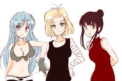  3girls android_18 bikini_top black_hair blonde_hair blue_eyes blue_hair breasts bulma chichi china_dress chinese_clothes chnac cleavage dragon_ball dragon_ball_z female front-tie_bikini front-tie_top hair_bun long_hair midriff multiple_girls smile 