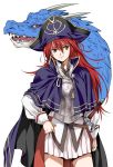  1girl agahari brown_eyes cape character_request chest_plate copyright_request dragon hat highres long_hair long_sleeves pleated_skirt redhead simple_background skirt solo sword tricorne weapon white_background white_skirt 