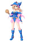  1girl absurdres bare_shoulders blonde_hair boots breasts cleavage dark_magician_girl full_body green_eyes hat hexagram highres looking_at_viewer sakurai_ronoyuki short_hair simple_background smile solo standing white_background wizard_hat yuu-gi-ou 
