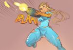  1girl arm_cannon blonde_hair blue_eyes bodysuit breasts firing long_hair metroid norasuko ponytail running samus_aran skin_tight skindentation solo torn_bodysuit torn_clothes weapon zero_suit 