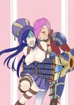  2girls armor blue_eyes blue_hair breasts caitlyn_(league_of_legends) catnap_knight_kureto cleavage closed_eyes earrings eyeshadow fang fingerless_gloves gloves hat highres jewelry large_breasts league_of_legends lipstick machinery makeup multiple_girls open_mouth pink_hair puckered_lips sweat tattoo top_hat vi_(league_of_legends) yuri 