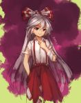  1girl 2015 adjusting_clothes dated fujiwara_no_mokou hair_ribbon half_updo hand_in_pocket long_hair qingmingtongzi red_eyes red_pants ribbon smile solo suspenders torn_clothes torn_sleeves touhou urban_legend_in_limbo very_long_hair 