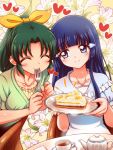  2girls ^_^ aoki_reika bangs blue_eyes blue_hair blunt_bangs blush bow cake chair closed_eyes collarbone cup eating floral_background flower food fork green_hair hair_bow hair_ornament hairclip heart hime_cut holding_fork holding_plate kuga_yoshito lily_(flower) long_hair looking_at_another midorikawa_nao multiple_girls pie plate ponytail precure saucer short_hair short_sleeves sitting smile smile_precure! table tareme teacup teapot 