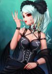  1girl absurdres blood bonnet darkmuleth drill_hair fan fang fingernails gothic_lolita highres jewelry lace lipstick lolita_fashion long_fingernails makeup nail_polish overlord_(maruyama) parted_lips ponytail red_eyes ring shalltear_bloodfallen silver_hair solo vampire 