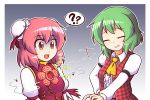  2girls ? ascot bun_cover closed_eyes double_bun fly green_hair hair_bun ibaraki_kasen juliet_sleeves kazami_yuuka long_sleeves multiple_girls pink_eyes pink_hair puffy_sleeves rafflesia_(flower) shirt spoken_question_mark tabard touhou upper_body vest wool_(miwol) 