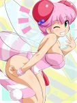  1girl ;) antennae bare_shoulders bee_girl blush breasts cleavage clenched_teeth green_eyes honey_bee_(bug-tte_honey) insect_girl konpeto leotard looking_at_viewer one_eye_closed pink_hair short_hair sleeveless smile solo takahashi_meijin_no_bug-tte_honey wings 