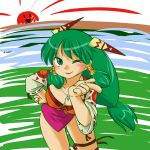  1girl breasts cleavage feena_(grandia) grandia grandia_i green_hair hair_ornament hair_tubes highres jewelry long_hair low-tied_long_hair pendant skirt smiley_face solo sora_tobu_sakana sun thigh-highs 