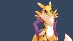  1girl animal_ears black_sclera blue_background blue_eyes claws contrapposto detached_sleeves digimon digimon_tamers fox_ears fox_tail fur furry hand_on_hip no_nipples no_pussy nude plague_of_gripes renamon small_breasts solo tail 