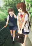  2girls bag brown_eyes brown_hair highres kuroneko_shiro long_hair multiple_girls original school_bag school_uniform stairs sweater_vest walking 