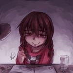  1girl aosora_(mizore) boxcutter braid brown_hair desk desk_lamp drawing drugs glass madotsuki medicine notebook pencil red_eyes signature smile solo twin_braids twintails yume_nikki 