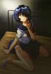  1girl bed black_hair green_eyes hair_over_one_eye highres nazo_no_kanojo_x open_mouth panties saliva school_uniform scissors serafuku short_hair sitting skirt socks solo underwear urabe_mikoto white_legwear 