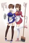  2girls akagi_(kantai_collection) apron bare_shoulders blush broom brown_eyes brown_hair bu_li chinese duster garter_straps high_heels highres kaga_(kantai_collection) kantai_collection maid maid_apron maid_headdress multiple_girls side_ponytail skirt skirt_tug sweatdrop thigh-highs translated 