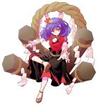  1girl crossed_legs dairi hair_ornament highres leaf leaf_hair_ornament long_skirt looking_at_viewer maple_leaf onbashira outstretched_arms purple_hair red_eyes rope sandals shimenawa sitting skirt smile solo tachi-e touhou tunic yasaka_kanako 
