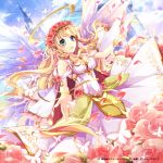  1girl angel angel_wings bare_shoulders blonde_hair blue_sky bracelet braid breasts building butterfly cleavage clouds dress flower green_eyes hair_flower hair_ornament halo jewelry long_hair marimo_moka necklace open_mouth original pendant petals pink_rose rose sash sky skyscraper smile solo sparkle twin_braids very_long_hair white_dress wings 