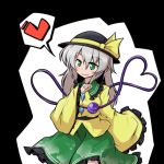  1girl black_background blush bow green_eyes hat hat_bow heart heart_of_string komeiji_koishi long_hair long_sleeves midori_niku sash solo spoken_heart third_eye touhou white_hair wide_sleeves 