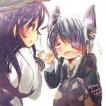  2girls akatsuki_(kantai_collection) bandages black_hair crying eyepatch flat_cap hat headgear kantai_collection long_hair long_sleeves multiple_girls nano_(cherry_line) necktie purple_hair school_uniform serafuku short_hair tenryuu_(kantai_collection) thigh-highs torn_clothes torn_thighhighs twitter_username wavy_mouth 