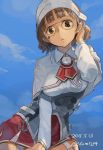  1girl 2015 :&lt; blue_sky brown_eyes brown_hair capelet clouds corset dated garter_straps glasses hand_in_hair kantai_collection long_sleeves maid_headdress roma_(kantai_collection) short_hair skirt sky solo toro_(konirio) twitter_username 