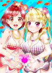  2girls ahoge bangs bikini_skirt blonde_hair blunt_bangs breasts brown_eyes cleavage earrings fish flower front-tie_bikini front-tie_top goldfish hair_flower hair_ornament heart heart_hands jewelry kasukabe_haru looking_at_viewer multiple_girls necklace nobusaga41 redhead shiny shiny_hair short_hair smile swimsuit tokyo_7th_sisters two_side_up uesugi_u_kyouko violet_eyes wristband 