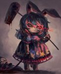  1girl :&lt; animal_ears blood bloody_weapon blue_hair dark dress dripping full_body glowing glowing_eye holding_leash holding_weapon inari_(flandoll-scarlet-devil) kine leash legacy_of_lunatic_kingdom light_trail long_hair looking_at_viewer mallet puffy_short_sleeves puffy_sleeves rabbit_ears red_eyes seiran_(touhou) short_sleeves standing star_print touhou weapon 