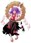  1girl after_battle blush breasts clenched_hands d: dairi highres leaf long_skirt looking_at_viewer maple_leaf open_mouth purple_hair red_eyes rope sandals shimenawa skirt solo tachi-e tears torn_clothes touhou tunic under_boob yasaka_kanako 