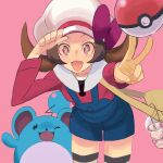  1girl brown_eyes brown_hair cabbie_hat hat hat_ribbon long_hair looking_at_viewer lyra_(pokemon) marill open_mouth overalls poke_ball poke_ball_(basic) pokemon pokemon_(creature) pokemon_(game) pokemon_hgss ribbon simple_background smile thigh-highs twintails v yuuki_(irodo_rhythm) 