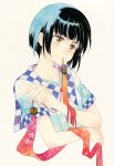  1girl agahari black_hair bob_cut collarbone floral_print highres mouth_hold original short_hair short_sleeves solo traditional_media upper_body watercolor_(medium) yellow_eyes 