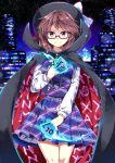  1girl bow brown_eyes brown_hair building cape card e.o. glasses glowing hat hat_bow highres holding long_sleeves looking_at_viewer night night_sky plaid plaid_shirt plaid_skirt red-framed_glasses shirt skirt sky skyscraper smile solo touhou usami_sumireko zener_card 
