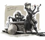  2girls blonde_hair bloodborne boots bored brown_hair chalice gun hand_on_own_face handgun hat high_heel_boots high_heels holding hooded hunter_(bloodborne) kmitty leaning_forward long_hair looking_at_hand multiple_girls pistol pointing pointing_down shield sitting_on_desk sword table trench_coat weapon 