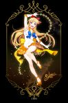  1girl 2015 :d aino_minako arm_up armpits bishoujo_senshi_sailor_moon black_background blonde_hair blue_bow blue_eyes bow brooch choker dated elbow_gloves gloves hair_bow half_updo iso1206 jewelry long_hair magical_girl open_mouth orange_shoes orange_skirt pleated_skirt red_bow sailor_venus shoes signature skirt smile solo super_sailor_venus tiara venus_symbol white_gloves yellow_bow 