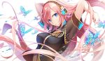  1girl armpits arms_behind_head arms_up blue_eyes breasts butterfly cuff_links headphones long_hair looking_at_viewer maro_(nikeneko523) megurine_luka pink_hair shirt solo very_long_hair vocaloid 